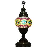 Halay Oosterse lamp - tafellamp 13 cm - 1 stuk - geel bont handgemaakt mozaïek met messing beslag