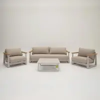 Vita Loungeset kunststof rug draad Creme Beige Aluminium frame Teak arm Lounge Stoel met Tafel
