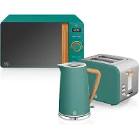 Swan STRP1060GRENEU Set: Ontbijtset met waterkoker, broodrooster met brede gleuven en magnetron (20 liter), Nordic stijl, wit en groen