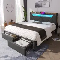 MODFU Bedframe 160x200 cm – Linnen grijs – Met opberghoofdbord, LED & laden – Industrieel design