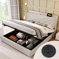 MODFU Bedframe 160x200 cm – Beige katoen-linnen met geometrisch hoofdbord – USB-C & opbergbox – Zacht & stevig