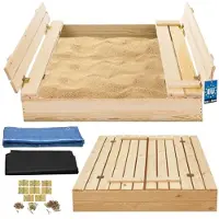 KOTARBAU Houten Zandbak - 100 x 100 cm - Natuurlijk - Zandbak met Deksel - en Bankjes - Met Grondzeil - Buitenspeelgoed