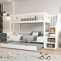MODFU Stapelbed 90x200/190 cm – Massief hout en MDF – Met rolbed & ladderkast – Wit