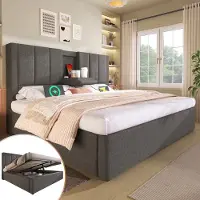 OKWISH Gestoffeerd Bed 140x190 cm - Hydraulisch Opbergbed Met Ingebouwde Ladestation En Bekerhouder - Linnen - Grijs - Zonder matras