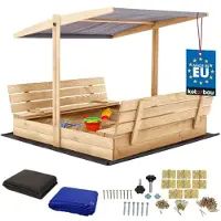 KOTARBAU Houten Zandbak - 140 x 140 cm - Natuurlijk - Zandbak met Bankjes - met Grijs Dak - en Grondzeil - voor Tuin - Buitenspeelgoed