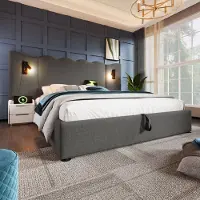 MODFU Bedframe 180x200 cm – Linnen grijs – Met leeslamp, USB-C & hydraulische opbergruimte