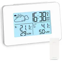 DNA Weerstations - Weerstation Met Buitensensor - Weerstation Met Buitensensor - Weerstation Draadloos Binnen Buiten - Weerstation Binnen en Buiten - Wit - 13cm x 9cm x 4cm