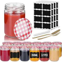 NaiZy Kleine Inmaakpotten - Set Van 12 - Mason Potten - Ronde Potten - Met Metalen Deksel - 350 ml - Mini Luchtdichte Potten - Transparante Inmaakpot - Voor Honing, Kruiden, Jam (Rood-Wit Geruit)