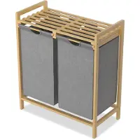 NaiZy Wasmand van Oxford-weefsel, 2 x 36 liter, 2 vakken, afneembare wasverzamelaar met plank en bamboeframe, waszak, uittrekbaar, efficiënte wasopslag voor bijkeuken, grijs