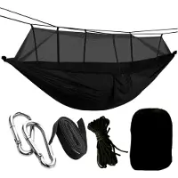 HomeShopXL HSXL Lichtgewicht Outdoor Hangmat met Muggennet en Accessoires - 260x140cm - Zwart- Survival Hangmat met Klamboe