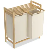 NaiZy Wasmand 2 compartimenten 36L wasbak wassorteerder met bamboe bovenplank en handgrepen wasbox waszak gemaakt van Oxford stof voor wasruimte badkamer, beige