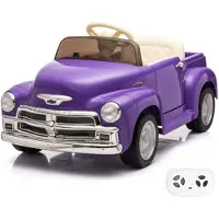 Vrooomy Chevrolet 3100 Elektrische kinderauto, 12V (1-6 jaar) – Officieel gelicenseerd, met 2.4G afstandsbediening, EVA-banden en lederen stoel – Elektrische kinderauto, paars