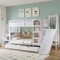 MODFU - Stapelbed – 90x200 cm – Met glijbaan & opbergtrap – Grenenhout – Wit