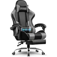 GTPLAYER Gaming stoel, bureaustoel, ergonomische computerstoel, gaming fauteuil met massagefunctie voor de lendensteun, voetsteun en hoofdkussen, grijs, kunstleer