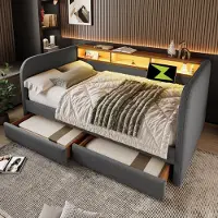 Flieks gestoffeerd slaapbank 140x190 cm met opbergruimte (USB & Type-C), dagbed met mogelijkheid tot een tweepersoonsbed, met LED-verlichting en 2 lades, functioneel bed, linnen, grijs