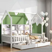 Sweiko kinderbed met geïntegreerd multifunctioneel boekenkast, opbergroosters, kastje, plank en twee grote lades met opbergruimte, in een kaminvorm, afmetingen 90x200 cm, kleur wit