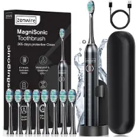 Zenwire MagniSonic 506 - Sonische tandenborstel - 97.000 trillingen/min - 6 standen - IP67 - USB-C - 60 dagen gebruik met magnetische motor - 8 tips - etui - standaard - oplaadkabel - Zwart