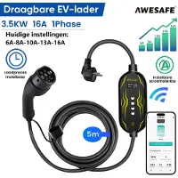 AWESAFE Laadkabel Auto - Draagbare EV-Lader Type 2 - 3.5 kW 16A 1 Fase - Geschikt Voor Elektrische Auto - Waterdicht - 5M - 6A/8A/10A/13A/16A Schakelbaar - Bluetooth & Wifi