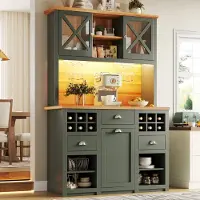 OKWISH Keukenkast - Hoge Opbergkast Met Led, Glazen Deuren En Wijnrek - Keuken En Eethoek - 120x45x188 cm - MDF - Groen