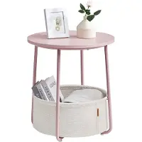 Vasagle Ronde bijzettafel met stoffen mand, Pastelroze + wolkenwit