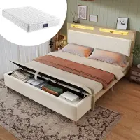 OKWISH Bed 140x200 cm - Met Matras (7-zones H3) - Hoofdeinde met LED-verlichting en Opbergnis - Hydraulische Opbergbank - Eikenhout; Cordstof - Beige