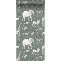 ESTAhome behang jungle dieren vergrijsd groen - 53 cm x 10.05 m - 139513