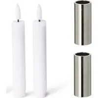 Novaliv Set van 2 magnetische kaarsenhouders, stokkaarsen, tafelkaarsen, zilver 2,5 x 5 cm met premium LED-kaarsen, vlamloos, echte was, adventskrans kaarsenhouder, kersttafeldecoratie