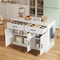 Flieks eettafel/keukeneiland met 2 lades en 3 deuren, serveerwagen/keukentafel met lade en handdoekhouder, 120x60x91cm, wit