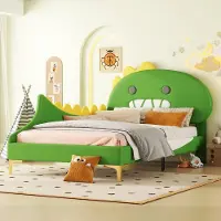 OKWISH Kinderbed laag, 90x200 cm, met lattenbodem, bekleed bed voor jongens en meisjes, functioneel eenpersoonsbed met een dinosaurusvormig hoofdeinde, groen (zonder matras)