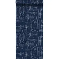 ESTAhome behang constructietekeningen van vliegtuigen donkerblauw - 53 cm x 10.05 m - 128810