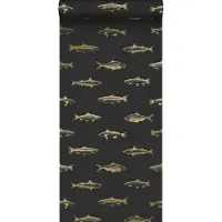 ESTAhome behang pentekening vissen zwart en goud - 53 cm x 10.05 m - 139124