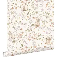 ESTAhome behang toile de jouy konijnen lichtpaars, groen en beige - 0.53 x 10.05 m - 131703