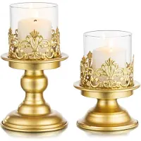 LONGZIMING -Windlichthouder van metaal – Kaarsenhouders – Vintage Metalen Windlichten voor Stompkaarsen – Matte Gouden Tafelkandelaars met Cilinder – Decoratie voor Woonkamer en Bruiloft - 2 stuks