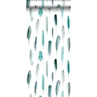 ESTAhome behang veren turquoise en mat wit - 53 cm x 10.05 m - 138895