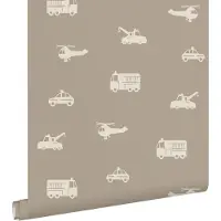 ESTAhome behang auto's, brandweerauto's, helikopters en kranen taupe - 53 cm x 10.05 m - 131399