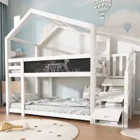 Sweiko Kinderbed Boomhuis, 90 x 200 cm, Stapelbed voor kinderen met schoorsteen en opbergruimte, en valbeveiliging, wit, inclusief bord - 2x lattenbodem (zonder matras)