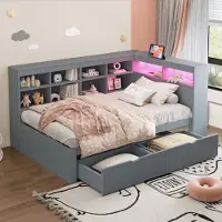OKWISH Slaapbank, dagbed 90x200 cm met opbergruimte, jeugdbed met USB-aansluiting en LED-lichtbalk, slaapbank met inlegplanken en opbergvakken, grijs, inclusief matras