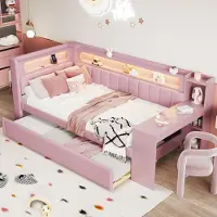 OKWISH uitklapbaar bed 90x200 met USB-poorten en LED-strip, multifunctioneel bed met uitschuifbaar bed en bureau, bed met houten frame, zonder matras, roze