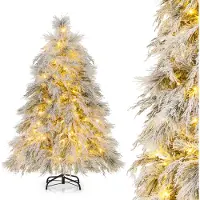 Costway Kunstkerstboom met sneeuw, kerstboom met warmwitte LED-verlichting en 279 takpunten, kerstboom met metalen voet, kunstboom voor feestdecoratie, geschikt voor binnen- en buitengebruik (150 cm)