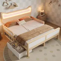Flieks kinderbed 140x200 cm met leerdetails en valbeveiliging, houten bed voor tieners/volwassenen, geschikt als eenpersoonsbed of tweepersoonsbed, met lade en opbergruimte, in natuurlijke houtkleur