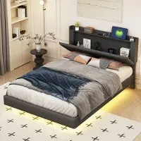 MODFU Ledikant 180x200 cm – linnen beige – met hydraulische opbergruimte en gestikt hoofdeinde – elegant design