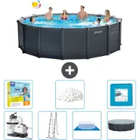 Intex runder zwembad met grafietgrijs paneel – 478 x 124 cm – inclusief pomp, ladder, bodemzeil, afdekking, onderhoudspakket, filterballen en bodemtegels