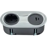 Sotech inbouwstopcontact (1 x USB-A aansluiting / 1 x USB-C aansluiting / 1 x veiligheidsstopcontact) ovaal geborsteld roestvrijstaal look dubbel stopcontact incl. aansluitsnoer met stekker
