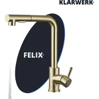KLARWERK FELIX | Premium roestvrijstalen uittrekbare keukenmengkraan, mat goudkleurig | Rechte uitloop | Professionele mengkraan voor hoge druk, 360° draaibaar, 2 aansluitingen