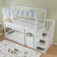 STILVORA Stapelbed 90x200 Cm – Kinderbed Met Opbergtrap En Kast – Met Lattenbodem En Veiligheidshekken – Zonder Matras – Hout En MDF – Wit En Blauw