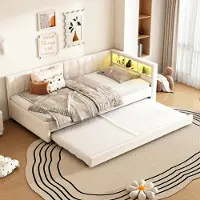 OKWISH uitschuifbaar bed 90x200, studentenbed met matras en uitschuifbaar bed, USB+Type C, kinderbed met opbergruimte, bedbank met afstandsbediening voor LED-verlichting, beige