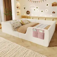Flieks gestoffeerd bed 140x190 cm met lattenbodem, kinderbed met valbeveiliging, slaapbank met afneembare armleuningen en rugleuning, vloerbed van fluweel, beige