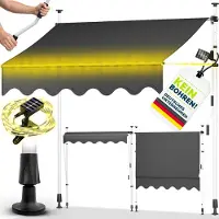 Tillvex Balkonluifel, 300 cm, grijs, met led en zwengel, zonder boren, uv-bestendig en in hoogte verstelbaar, waterdichte zonwering