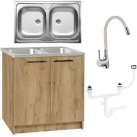Stamar - Keukenkast 80 cm - Onderkast met Dubbele spoelbak + kraan + sifon - Eiken Goud