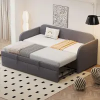 MODFU Uitschuifbaar bed, 90/180x190 cm, met lattenbodem, houten bed, dagbed, kinderbed, linnen stof, grijs (zonder matras)
